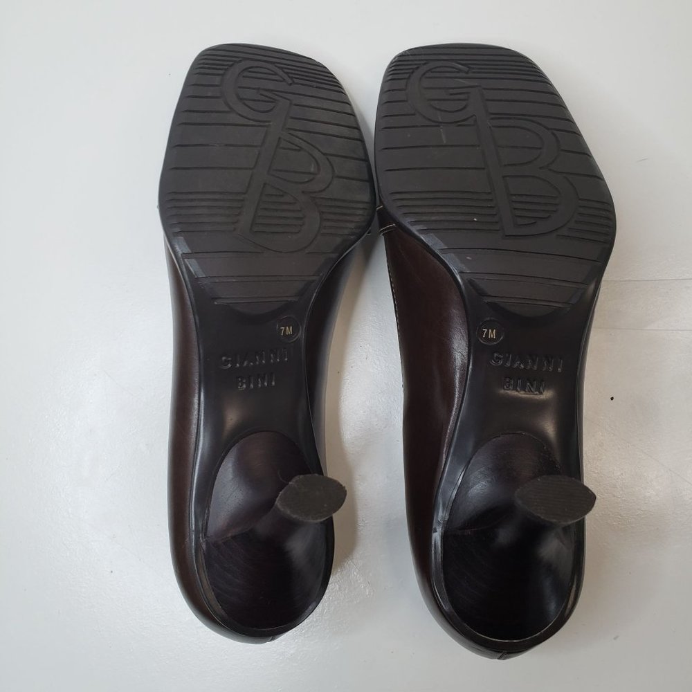 Gianni Bini Square Toe Pump Sz 7 Brown Leather Slip On Heeled Career Dress Shoe - Picture 8 of 11